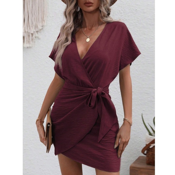 Burgundy Wrap Side Tie Mini Dress Short Sleeves - Picture 2 of 9